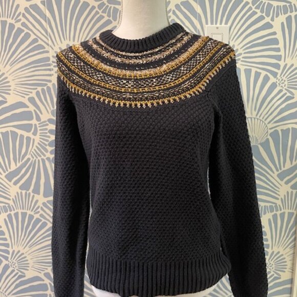 The Reeds Sweaters - The Reeds Navy Fair Isle Sweater Gold Metallic Knit Winter Cottagecore Sz Small